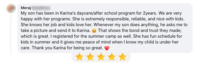 Screenshot of parent review for Little Seeds Home Daycare