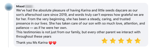 Screenshot of parent review for Little Seeds Home Daycare