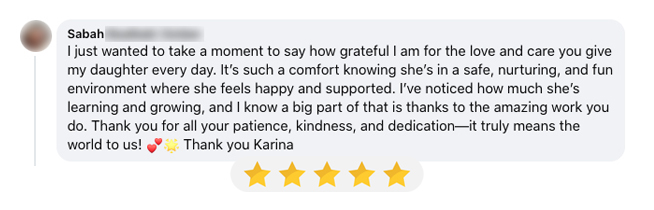 Screenshot of parent review for Little Seeds Home Daycare