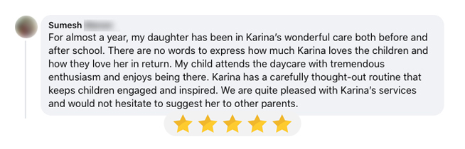 Screenshot of parent review for Little Seeds Home Daycare